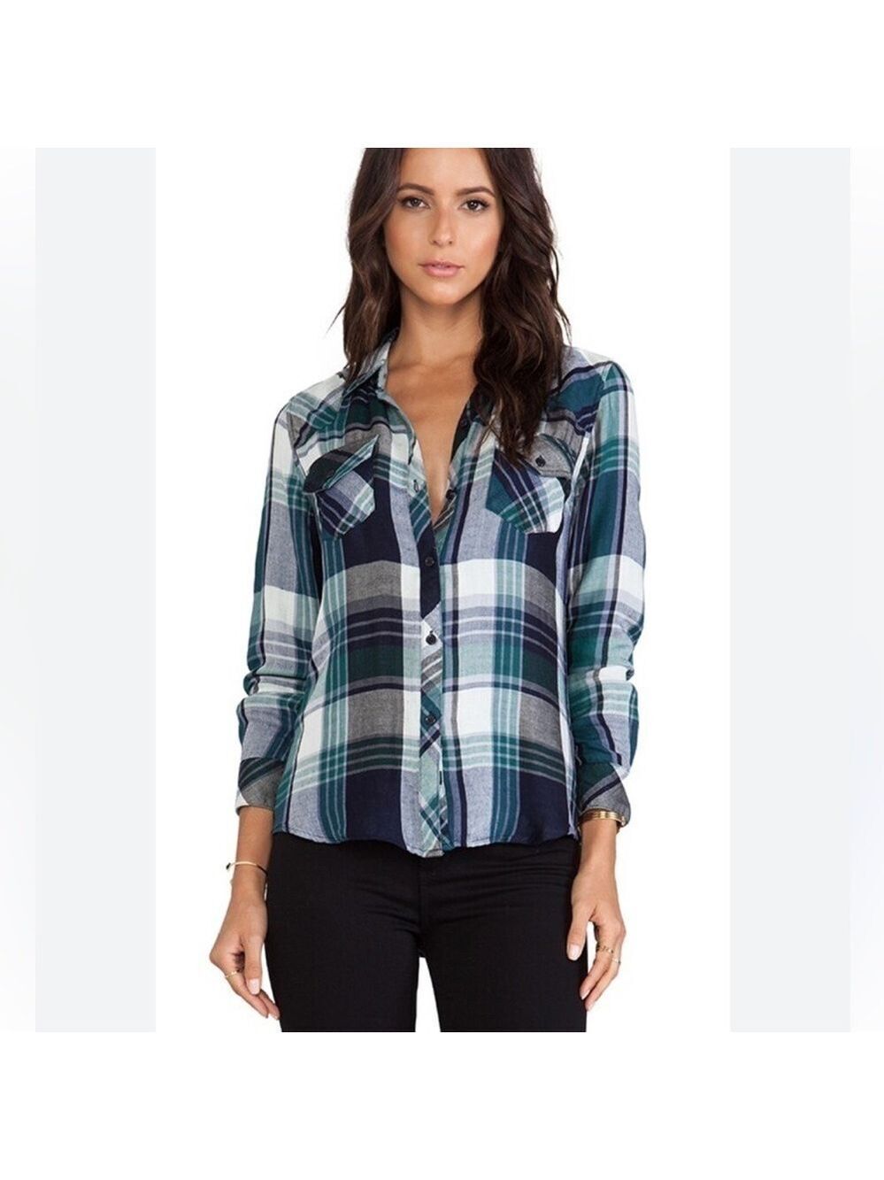 Rails Kendra Button Down Long Sleeve Plaid Shirt in Blue / Green Sz XS